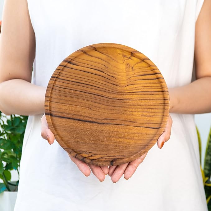 Rainforest Bowls Set of 4 8" Round Javanese Teak Wood Plates- Perfect for Everyday Use- Hot & Cold Friendly, Ultra-Durable, Premium Wooden Plates- Handcrafted by Indonesian Artisans