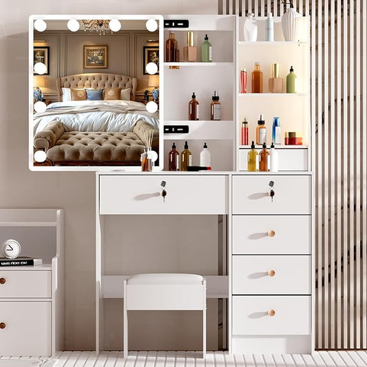 Vanity Desk with Mirror and Lights, Makeup Vanity Table with 3 Lighting Modes and Brightness Adjustable, Girls Makeup Desk with Stool and 6 Drawers for Bedroom, White