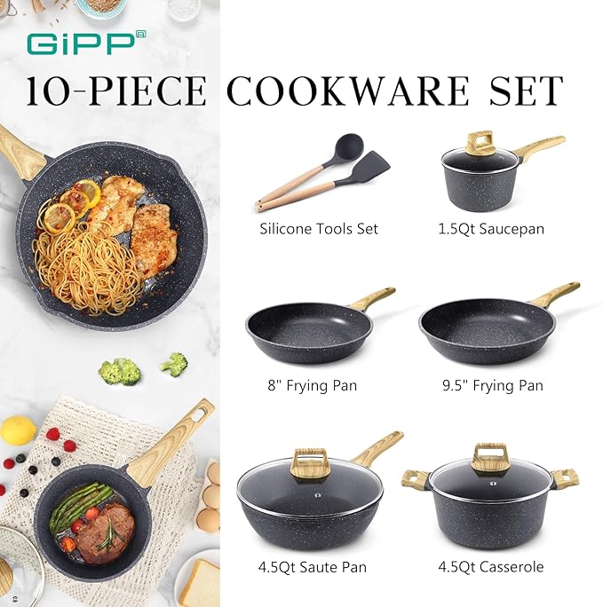 GiPP Pots and Pans Set Non Stick - 10 Pcs White Granite Kitchen Cookware Sets Nonstick Induction Cookware Cooking Pan Set with Frying Pans, Saucepans and Silicone Utensils, PFOS & PFOA Free, Gray