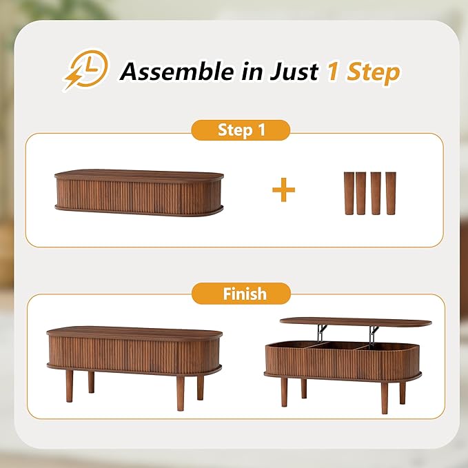 Fluted Lift Top Coffee Table with Hidden Compartment, Fully Assembled Wooden Center Table, Modern Oval Lift Tabletop for Home Living Room Office, Walnut