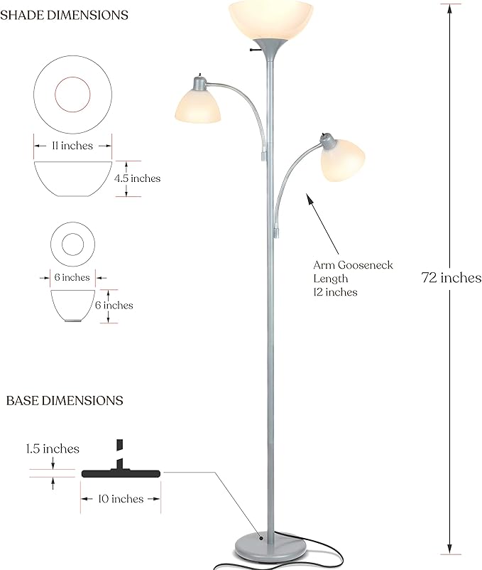 Brightech Sky Dome Double LED Floor lamp, Torchiere Super Bright Floor Lamp with 2 Reading Lamps for Living Rooms & Offices - Dimmable Tall Standing Lamp for Bedroom Reading - Tall Silver Pole