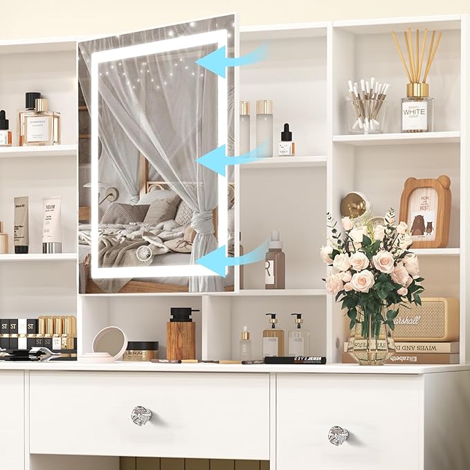 Large Vanity Table, Makeup Vanity with Mirror and LED Lights, 7 Drawers 8 Open Shelves, Crystal Handle, Hollywod Vanity Table for Girls and Women,100 * 40 * 140cm, Modern White