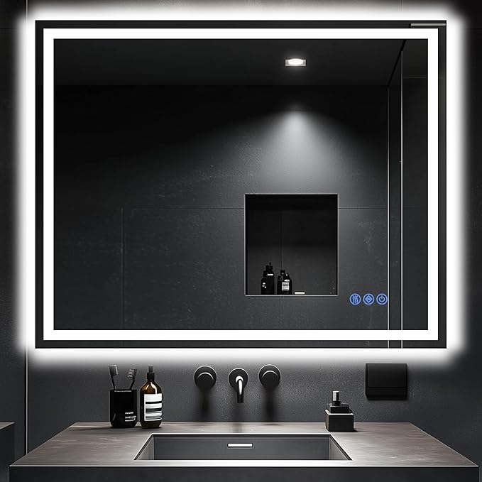 Antok 32"x 40" LED Bathroom Mirror with Lights, Anti-Fog, Dimmable, Lighted Vanity Mirror with Tempered Glass, Memory Function, 3 Light Modes, Safe Use, Horizontal, Vertical