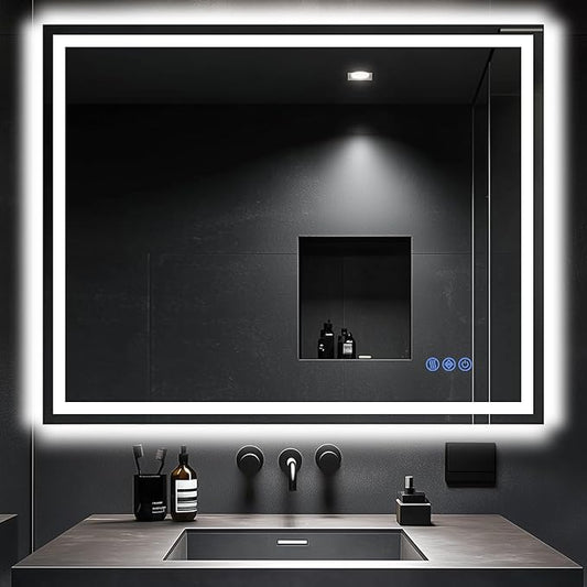 Antok 32"x 40" LED Bathroom Mirror with Lights, Anti-Fog, Dimmable, Lighted Vanity Mirror with Tempered Glass, Memory Function, 3 Light Modes, Safe Use, Horizontal, Vertical