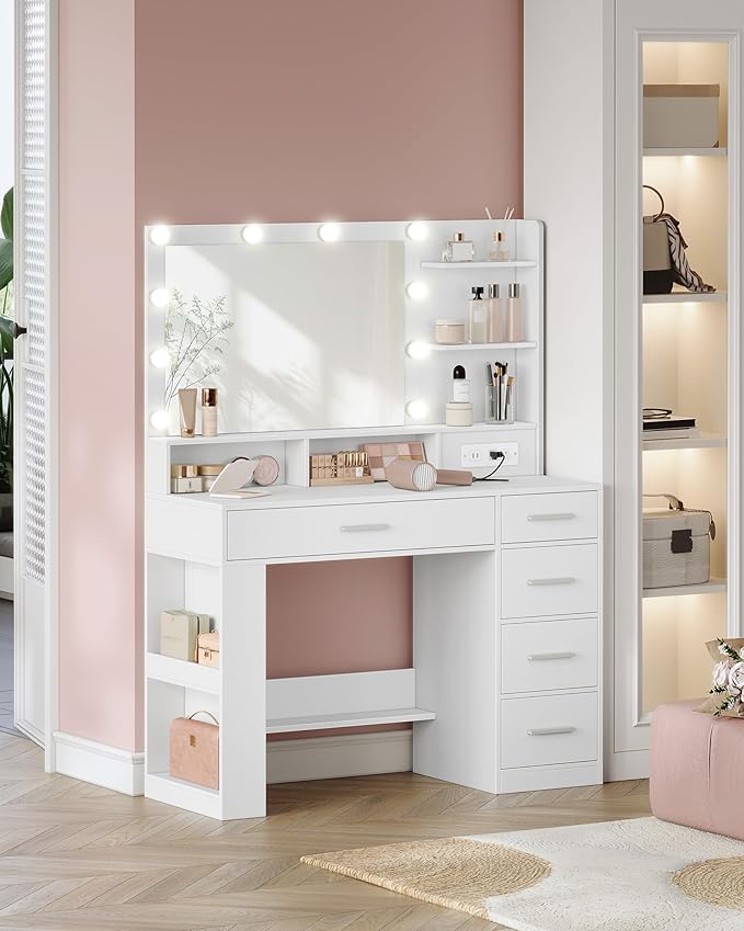 Vanity Desk with Large HD Mirror, Makeup Vanity with Led Lights, Dressing Table with Power Strip, 6 Storage Shelves, 5 Drawers and Side Open Storage, Simple, White