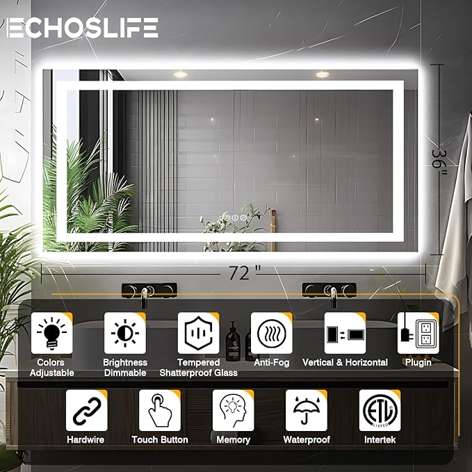 72"x36" Bathroom Mirror with Lights (Front and Backlit), Anti-Fog LED Lighted Bathroom Mirror, Stepless Dimmable Vanity Mirror, 3 Colors Smart Mirror (Horizontal/Vertical)