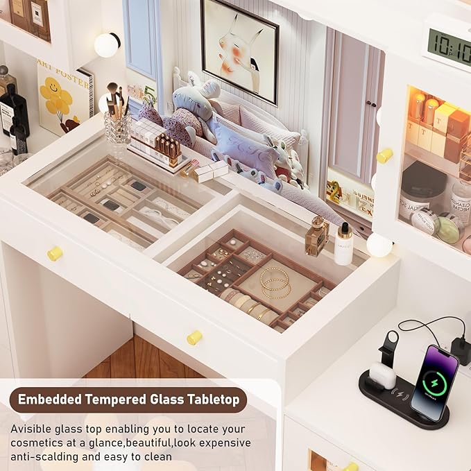 62" Large Makeup Vanity Desk with Mirror and Lights, Glass Top Vanity Table with Power Outlet & Lighted Glass Cabinet, 8 Drawers, Dressing Table with 3 Colors Lights for Bedroom Dressing Room, White