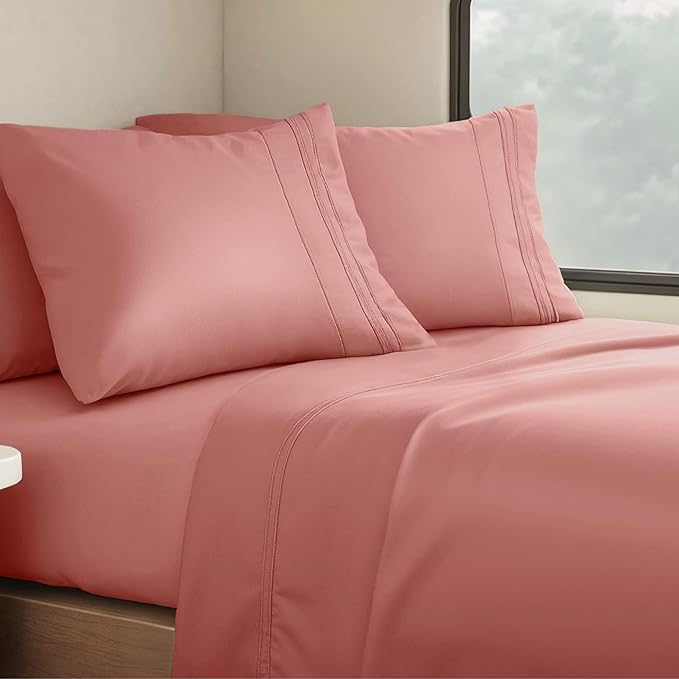 Clara Clark Bed Sheets, Premier 1800 Series 4 Piece RV Queen Sheet Set, Luxury Soft Sheets for RV Bunks, Short Queen - Pink Clay