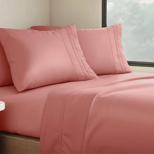 Clara Clark Bed Sheets, Premier 1800 Series 4 Piece RV Queen Sheet Set, Luxury Soft Sheets for RV Bunks, Short Queen - Pink Clay