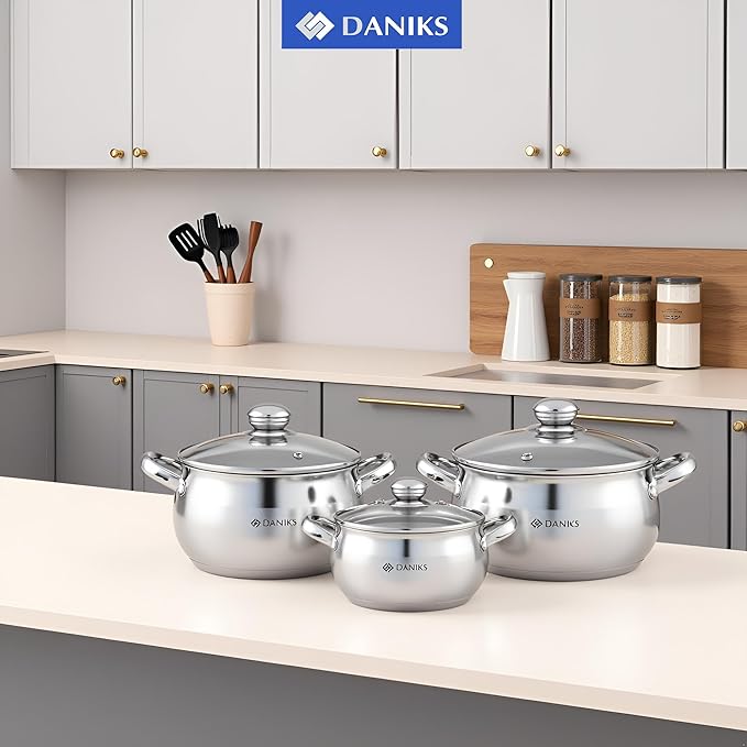 Daniks Classic 6-Piece Stainless Steel Induction Cookware Set – Dishwasher Safe Pots with Lids, Measuring Scale, Silver