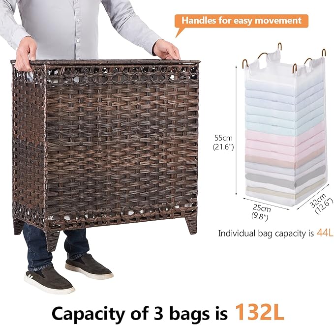 Laundry Hamper with 3 Removable Liner Bags; 132L Handwoven Rattan Laundry Basket with Lid & Heightened Feet; Clothes Hamper with Side Handles; Laundry Sorter with 3 Separate Sections (Brown)
