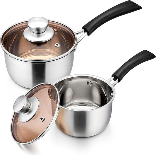 E-far Saucepan with Lid Set, 1 Quart and 2 Quart Stainless Steel Sauce Pan, Multipurpose Small Pot Set for Home Kitchen Restaurant Cooking, Easy Clean & Rust Free, Dishwasher Safe
