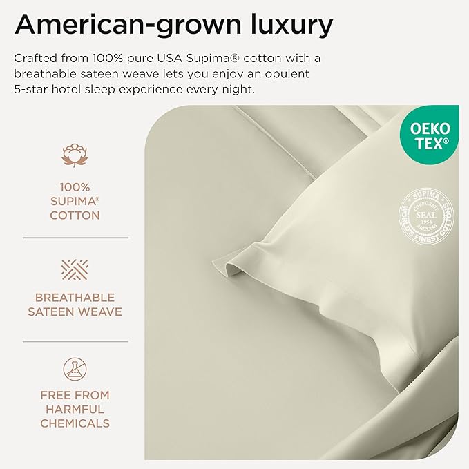 Threadmill Supima Cotton Sheets - King, 1000 Thread Count, 4 Piece Luxury Bed Sheets Set, Hotel Quality Sateen Weave, Ivory with Elasticized Deep Pocket
