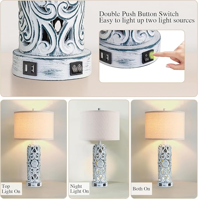 25'' Vintage Coastal Table Lamp Bedside Lamps Set of 2, Farmhouse Table Lamps with Dual USB Ports for Bedroom, Wash Blue Hollow Out Resin Lamp with Nightlight for End Table, 2 Bulbs Included
