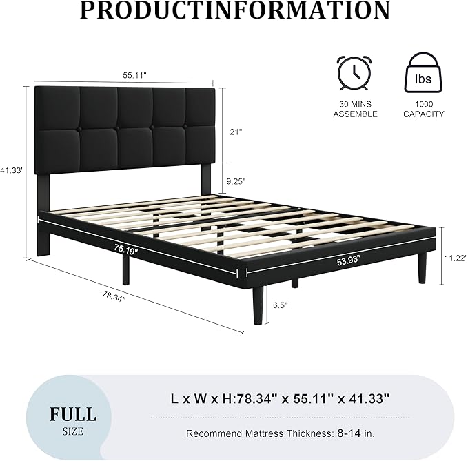 Full Size Bed Frame, Full Size Platform Bed Frame with Headboard, Upholstered Headboard, Sturdy Wooden Slats, Noiseless No Box Spring Required, Easy to Assemble, Black