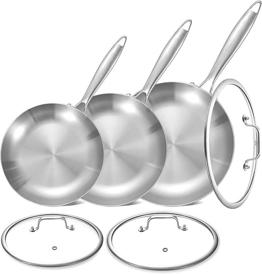 LOLYKITCH 8.5-10-12 Inch Tri-Ply Stainless Steel Frying Pan Set with Lids,Skillets,Induction Cooking Pans,Dishwasher and Oven Safe,Detachable Handle
