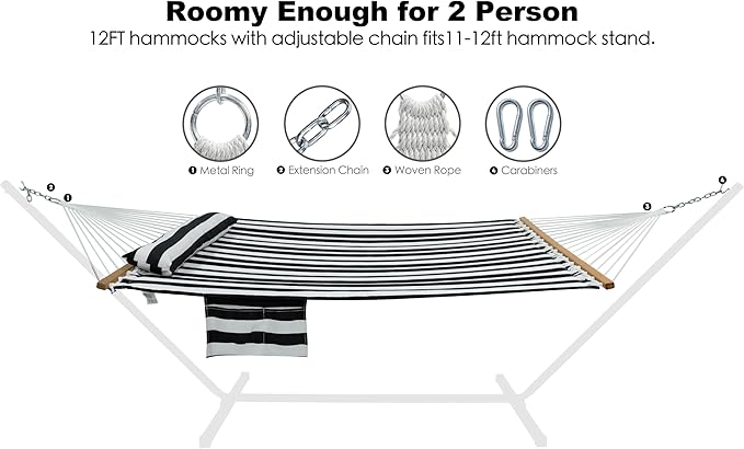 2 Person Hammocks for Outside, Double Quilted Fabric Outdoor Hammock with Spreader Bar, Large Removable Pillow, Storage Pockets, Carabiners, Max 475 lbs Capacity (Black White)