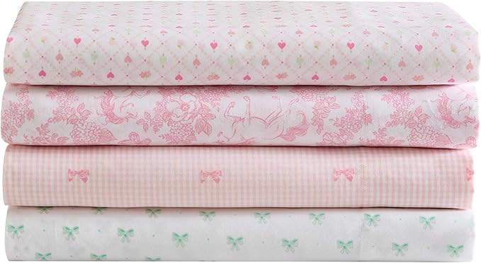 Laura Ashley Kids - Queen Sheet Set, Soft & Wrinkle-Resistant Toddler Bedding Set, Deep Pockets, Girl Bed Sheets with Matching Fitted Sheet & Pillowcases (Toile Unicorn Pink)