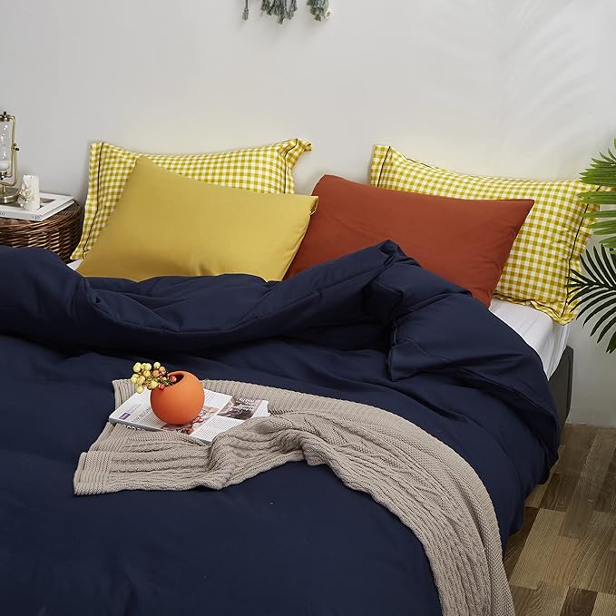 Luxlovery Navy Blue Comforter Set King Dark Blue Bedding Comforter Set Soft Breathable Quilts Breathable Cozy Comforter with 1 Yellow+1 Caramel Pillowcase for King Bed