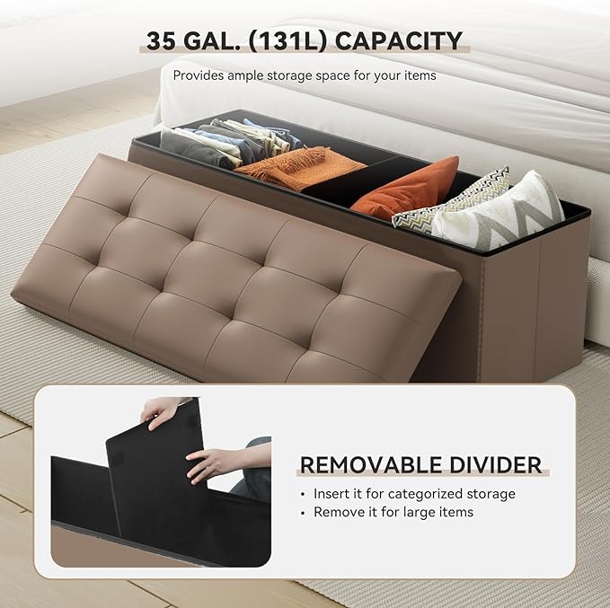 Storage Ottoman Bench, 43 Inch Ottoman Foot Rest, End of Bed Bench, Storage Chest, Load 700 lb, for Living Room, Bedroom, Entryway, Brown