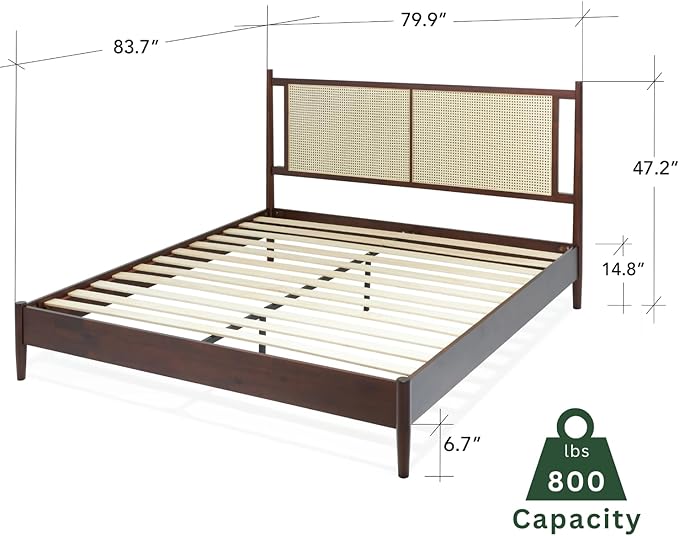 Bme Oliver King Bed Frame and Headboard - 15-Inch Signature Design with Rattan Headboard, Bohemian and Mid Century Style, 12-Slat Wood Support, No Box Spring Needed - Easy Assembly, Walnut