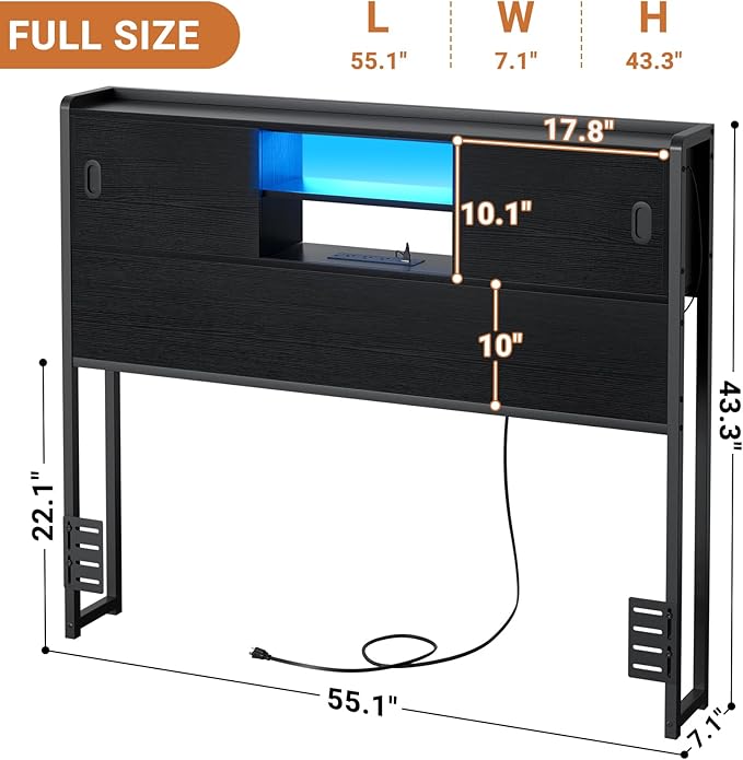 Homieasy Headboard for Full Size Bed with Storage, Sturdy Bookcase Headboards with Outlet, USB & LED Light, Full Size Headboard Only, Head Board with Sliding Doors & Bed Adapter for Bedroom, Black