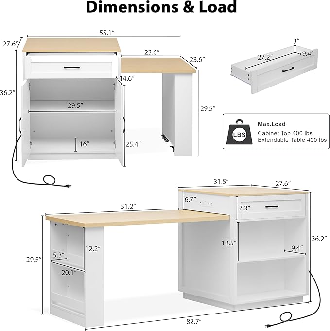 RUNNA Kitchen Island with Extendable Dining Table for 4-6 Person,Two-Tone KitchenTable, Power Outlet, Kitchen Island with Storage 2 Drawers 2 Side Open Shelves (White Oak~010)