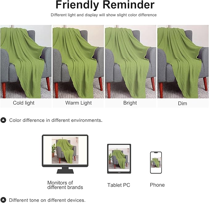 PiccoCasa 100% Cotton Knit Throw Blanket,Solid Lightweight Decorative Throws and Blankets,Soft Knitted Throw Blanket for Sofa Couch, Grass Green 50" x 70"