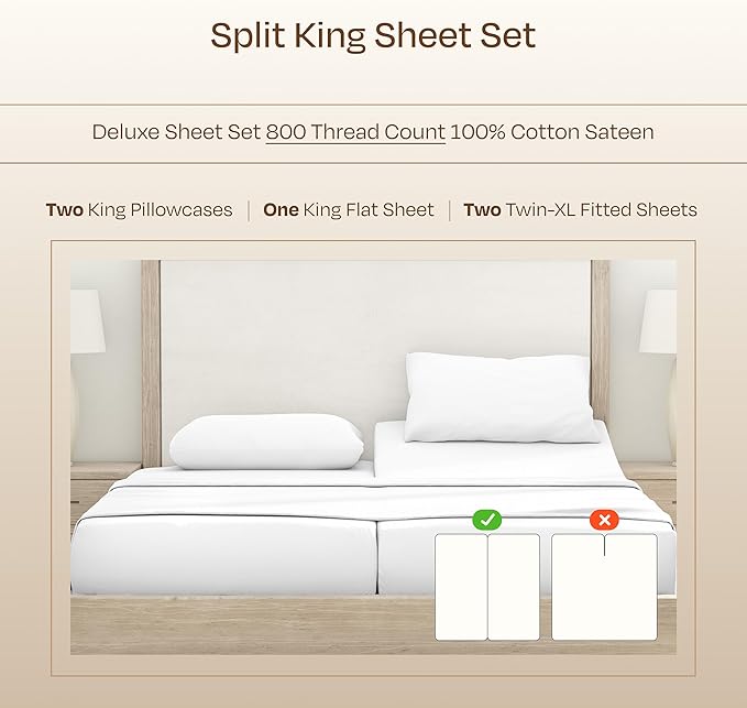 California Design Den Split King Sheets Sets for Adjustable Bed - Buttery Soft 800 Thread Count, 100% Cotton Sateen - Beats Fake Egyptian Claims, Durable Bedding Set (White)