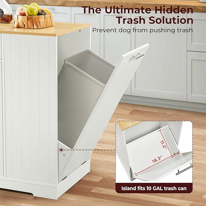 53" Long Kitchen Island with Trash Can Storage, White Kitchen Cart with Garbage Bin 10 Gallon, Portable Island with Trash Can, Wood Top, Spice Rack and Drawers