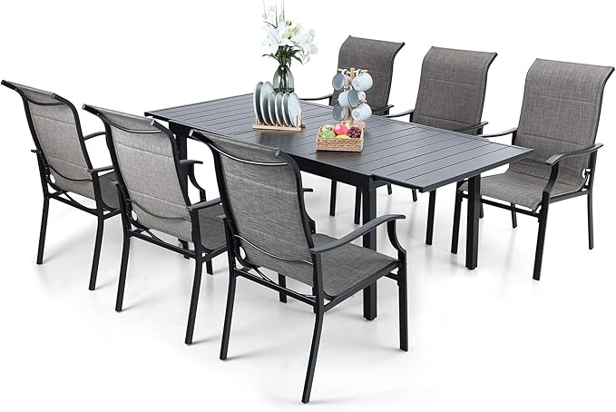 PHI VILLA 7 Piece Outdoor Dining Set, Patio Table and Chair Set with Expandable Metal Steel Table & Extra Large High Back Armrest Dining Chairs for Patio, Deck, Yard