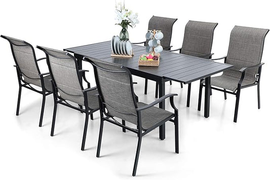 PHI VILLA 7 Piece Outdoor Dining Set, Patio Table and Chair Set with Expandable Metal Steel Table & Extra Large High Back Armrest Dining Chairs for Patio, Deck, Yard