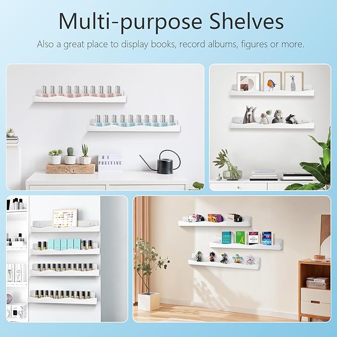6 Pack Wall Mounted Acrylic Nail Polish Organizer Rack 15 Inch White Nail Polish Shelf with Removable Ends Multi-Purpose Shelf for Essential Oils Cosmetics Storage Display for Salon Bathroom