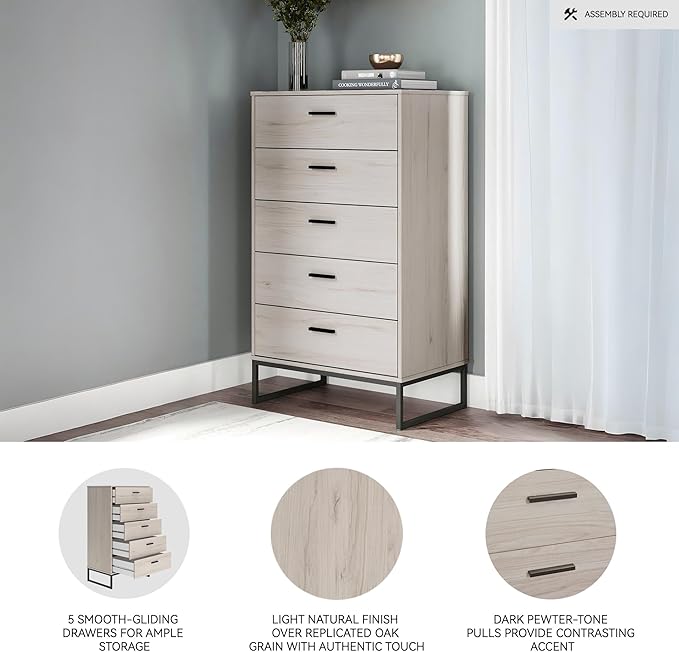 Signature Design by Ashley Socalle 5 Drawer Chest of Drawers, Natural Beige