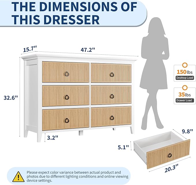 GarveeHome 6 Drawer Dresser for Bedroom，Waveform Fluted Chest with Large Drawer, Wooden Chest of Storage Cabinet, Fluted Dressers for Bedroom Living Room Hallway Closet, Anti-Tipping