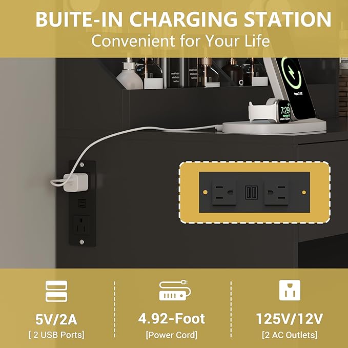 Vanity Desk with Mirror and Lights, Small Makeup Vanity Table with RGB Storage Cabinet & Power Strips & Shelves, 3 Lighting Modes & Adjustable Brightness, Dressing Table for Women Girls Bedroom, Black