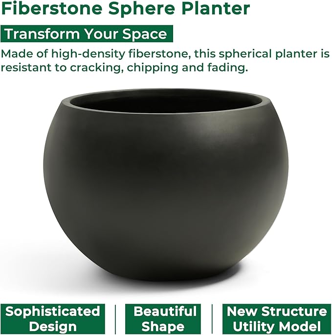 Fiberstone Sphere Planter, Black 15.8" Dia Round Flower Pot with Drainage Hole and Removable Plug, Round Plant Pot for Indoor Outdoor Use, 11.8" Opening-10.9" H, Medium