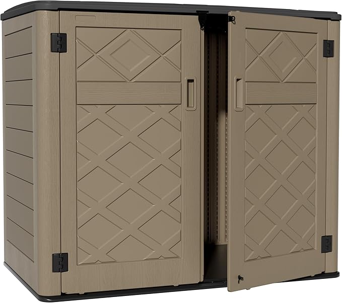 ZZM Large Outdoor Storage Shed, 48 Cu Ft Resin Versatile Storage Cabinet for Patio Accessories, Trash Cans & Garden Tools, Durable Horizontal Storage Box with Lockable Lid (Coffee)