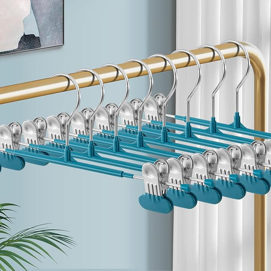 Clothes Pants Hangers with Wide Clips 10 Pack,Non-Slip Adjustable Skirt Hanger for Women,Space-Saving Heavy Duty Men Hangers for Pants,Trousers,Jeans,Shorts 12Inch Blue