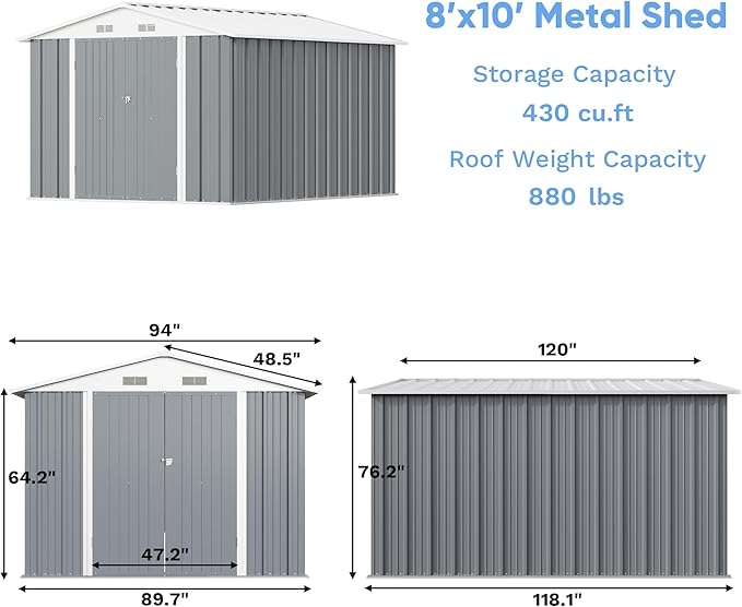 Greesum 8×10FT Outdoor Storage Shed, Metal Patio Storaged Sheds with Lockable Doors, Sheds & Outdoor Storage for Bike, Backyard, Pool and Garden, Gray