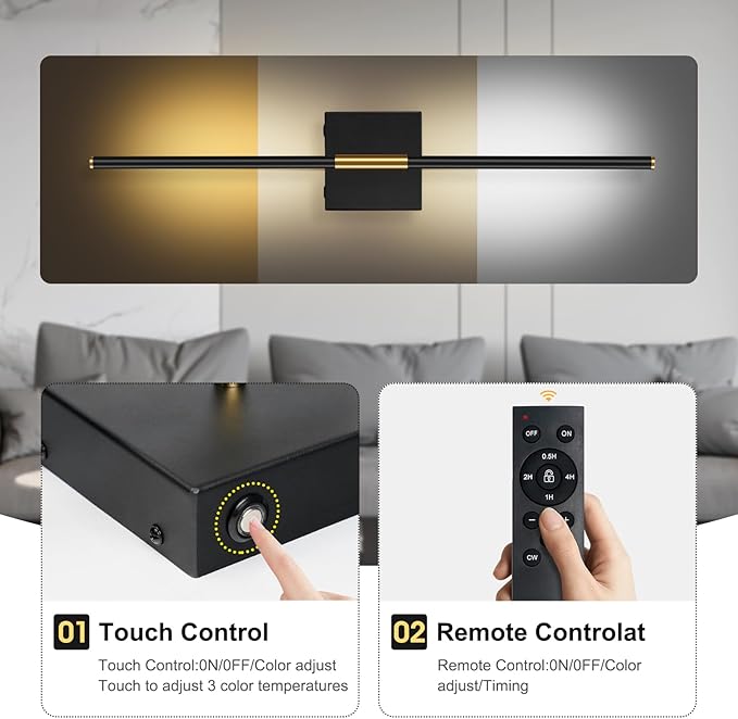 Battery Operated Wall Sconces Set of 2, Battery Wall Sconce with Remote Control,350°Rotate, LED Rechargeable Sconces,3000K-6000K Wireless Wall Light for Bedroom, Living Room, Hallway (Black,28Inch)