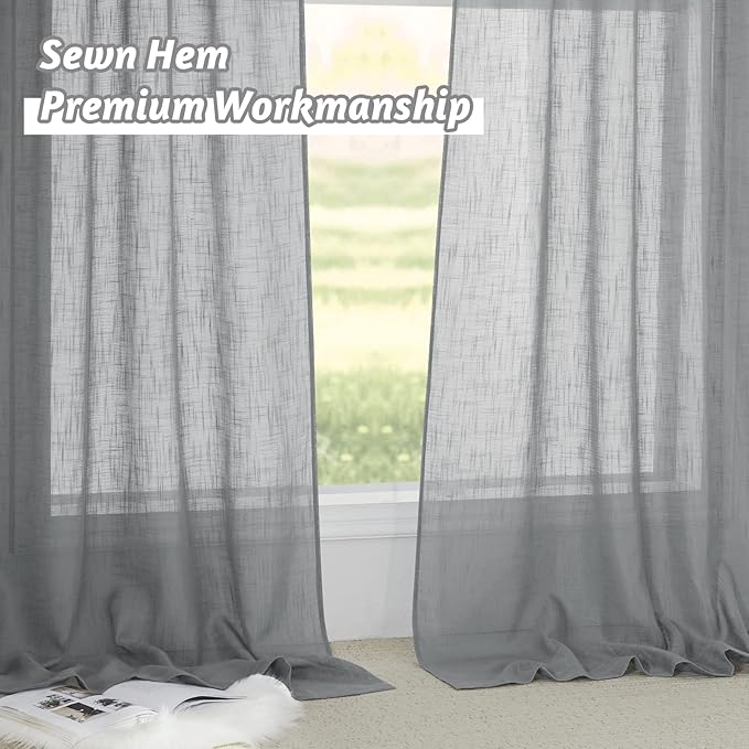 RYB HOME Linen Curtains Sheer - Linen Textured Blend Curtains Privacy Semi Sheer Drapes Light Filtering Backdrop for Bedroom Living Room Dining, Grey, W 52 x L 90 inch, 1 Pair