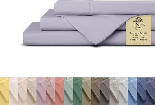Linen Home 100% Cotton Percale Sheets Twin Size, Prelude Purple, Deep Pocket, 3 Pieces Set - 1 Flat, 1 Deep Pocket Fitted Sheet and 1 Pillowcase, Crisp Cool and Strong Bed Linen