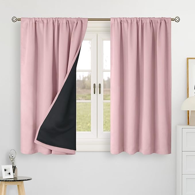 BGment Pink 100% Blackout 48 Inch Curtains for Small Window, Rod Pocket and Back Tab Double Layer Black Out Thermal Insulated Room Darkening Curtain for Kitchen, 2 Panels, Each 42 x 48 Inch