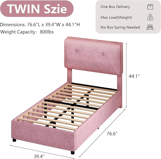 Twin Bed Frames,Breathable Boucle Fabric Upholstered Bed Frame Twin with Headboard,Removable and Washable,Wood Slat Support,No Box Spring Needed,Easy Assembly,Cama Individual,Pink