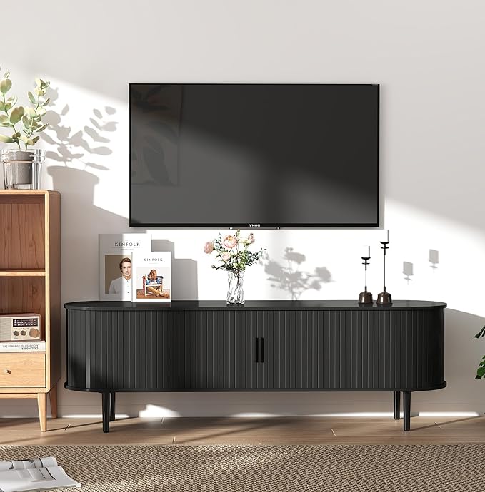 Bonzy Home Mid Century Modern TV Stand, Fluted Entertainment Center with Storage, Long Media Console TV Table for 65" 70" 75" TV, Black