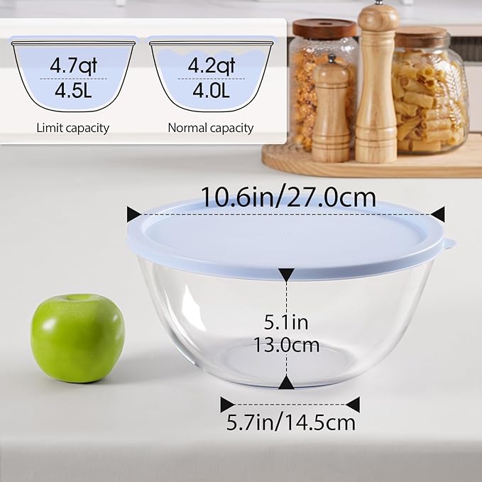 NUTRIUPS 4.7 Quart Large Glass Mixing Bowl with Lid, Deep Big Glass Bowl Large Salad Bowl (Twilight Purple)