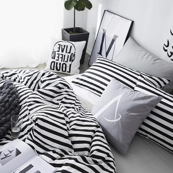 Luxlovery Black and White Comforter Set Queen Men Women Striped Bedding Set Full Farmhouse Ticking Stripes Bedding Blanket Geometric Lines Modern Comforter Set with 2 Pillowcases