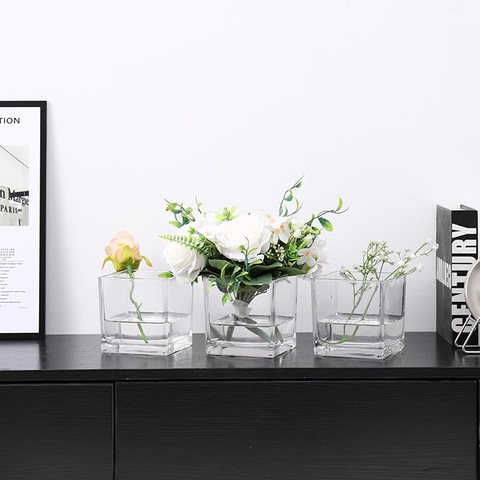 Square Glass Vases Set of 9, 5" x 5" x 5" Clear Flower Vases for Centerpieces, Square Vase for Flowers, Small Vase for Wedding, Party, Home Office Decoration