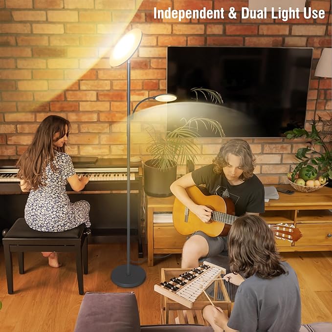 Gray Floor Lamps for Living Room, 44W/4500LM Super Bright 2 in 1 LED Floor Lamp with Remote, Stepless Dimmable, 69" Tall Standing Floor Lamp with Bendable Reading Light for Bedroom Office